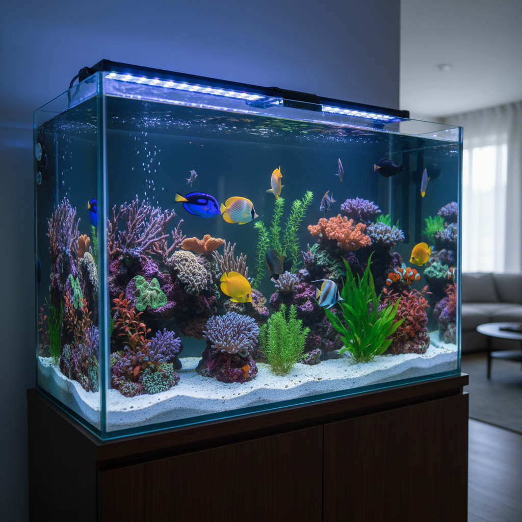 A large rectangular glass aquarium on a dark wood cabinet, filled with colorful coral reef decorations and several tropical fish, set in a modern living room environment.